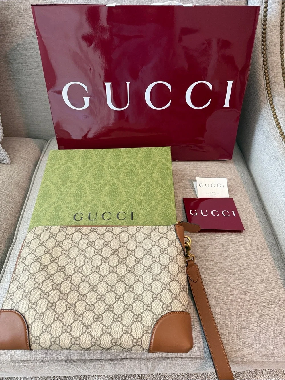 Gucci Beige GG Supreme Canvas Crossbody with Brown Leather Trim